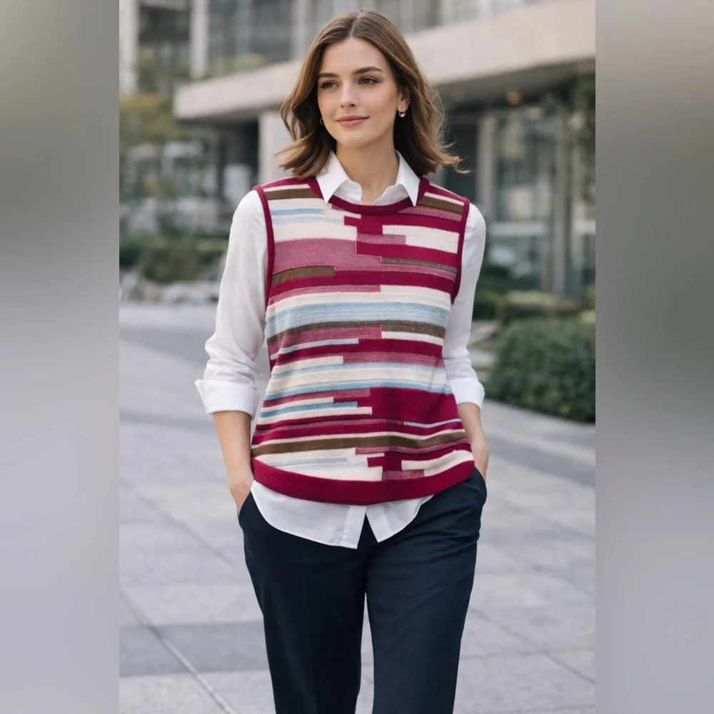 St John Wool magenta pink with stripes sweater vest size Medium